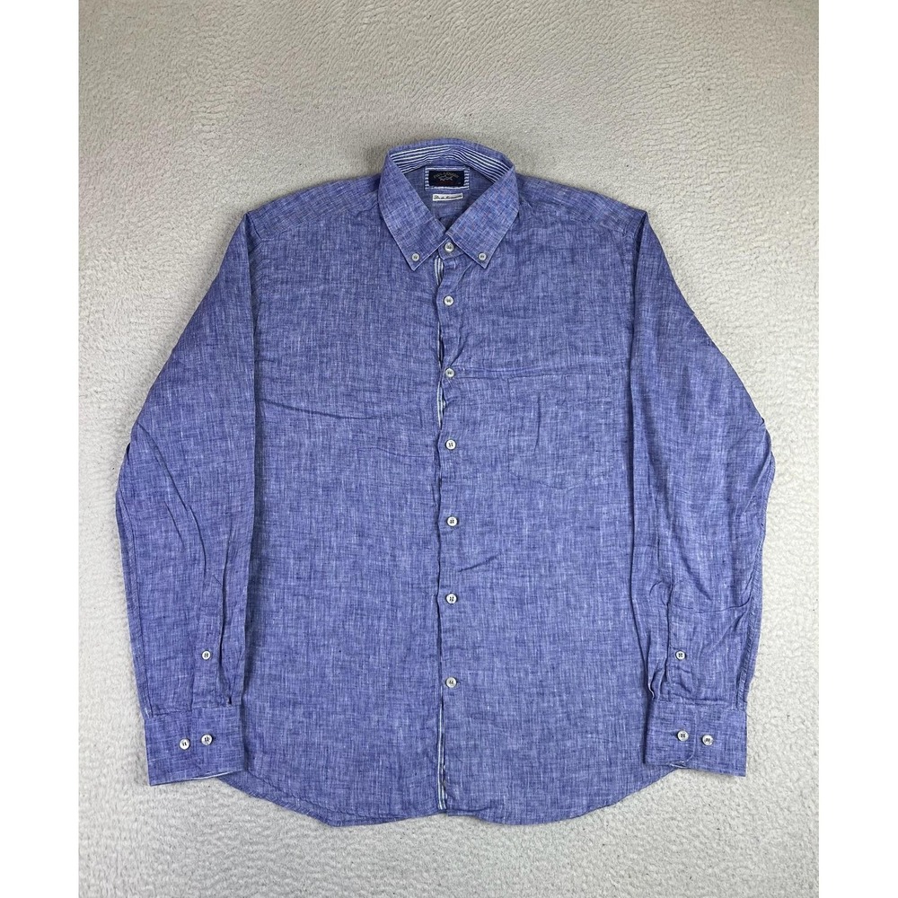 Paul & Shark Mens XL Blue Linen Button Up Long Sleeve Nautical Shirt 26256